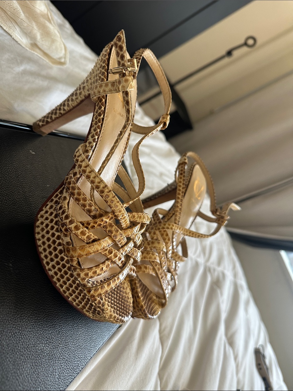 Signature Tan Snake-Print Strappy High Heels